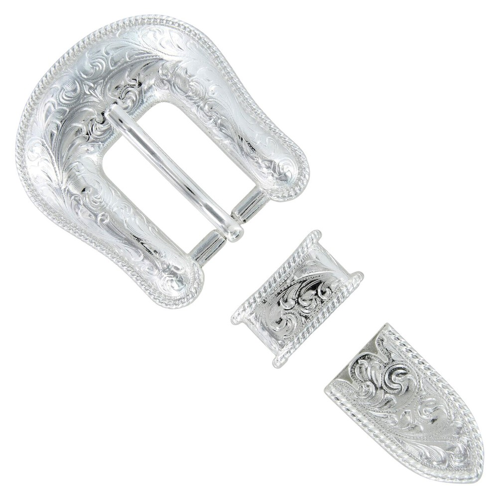 WESTERN BRIGHT SILVER FLORAL ENGRAVED ROPE EDGE BELT BUCKLE SET fits 3/4&Prime; STRAP