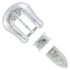 WESTERN BRIGHT SILVER FLORAL ENGRAVED ROPE EDGE BELT BUCKLE SET fits 3/4&Prime; STRAP