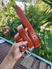 3.8CM Cognac 100% Genuine Ostrich Leather Skin Men Belt Buckle- Handmade