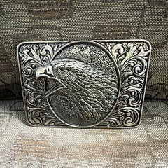 Men&rsquo;s Western Eagle Belt Buckle, Silver Tone Metal Engraved Rectangular 1.5in