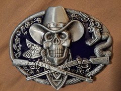Cowboy Skull with Bandana Crossed Riffle Silver Toned Blue Enamel Belt Buckle