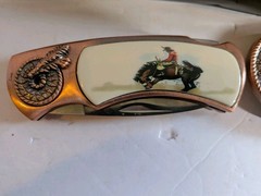 Pocket Knife And Belt Buckle Set In Tin Cowboy Western Rodeo