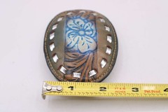 Western Tooled Leather Belt Buckle Brown Blue Ombre Floral Silver Ribbon Vintage
