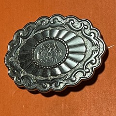 VTG Western Floral Oval BeltBuckle Silver Tone Scalloped Scrollwork Sunburst B21