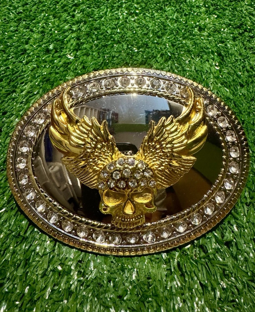 Skull Head With Angel Wings Rhinestone Belt Buckle