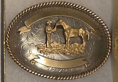 Vintage Metal Belt Buckle, Nice Brass and Silver, Cowboy Talking to His Horse