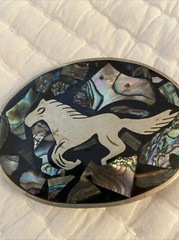 Mexico Western Horse Belt Buckle Abalone Shell Inlaid Silver Tone Vintage 3”