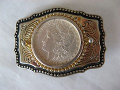REDUCED $$$, 1900 Morgan Silver Dollar Belt Buckle Black, Gold, Silver Color