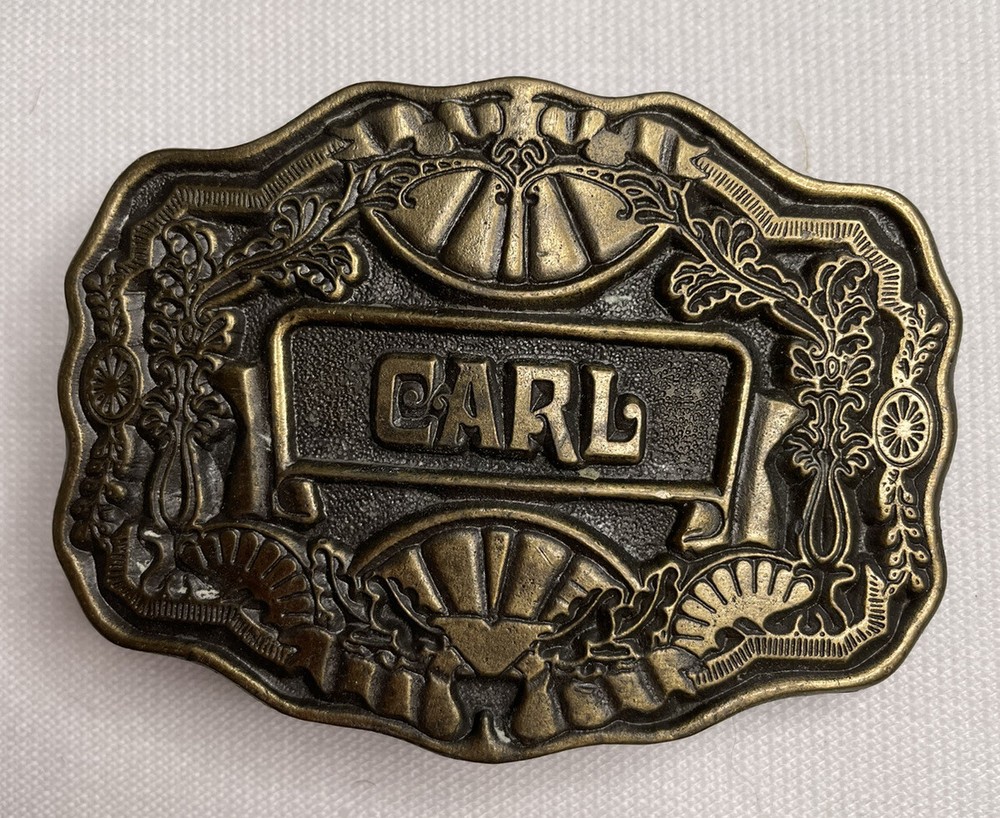 Vintage 1970s Belt Buckle Marked Carl by Oden Western Style Scalloped Edge Brass
