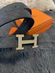 Hermes Look Black Charcoal Belt Gold Diamanté H Buckle With Box Size 34 Inch