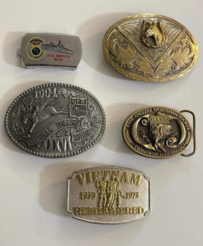 Vintage LOT OF 5 Belt Buckles Mix Metals WESTERN VIETNAM HORSE RODEO BASS