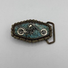 VTG 1973 BTS Turquoise Motorcycle Belt Buckle Chain Solid Brass Logo Buckle