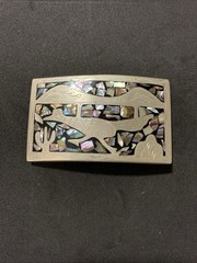 Western Belt Buckle with Roadrunner Bird Abalone Shell Southwest Cactus Inlaid