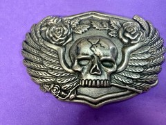 Skull with Wings Roses Halloween Gothic Punk Biker Vibe Silver Tone Belt Buckle