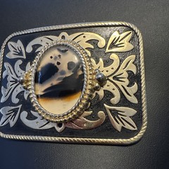 Vintage Belt Buckle Western Style Gold Ornate with Large Brown Oval Stone