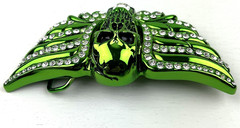 Washed Up Hollywood 1½” Pewter Plate Crystal Skull Head Belt Buckle Green Goth