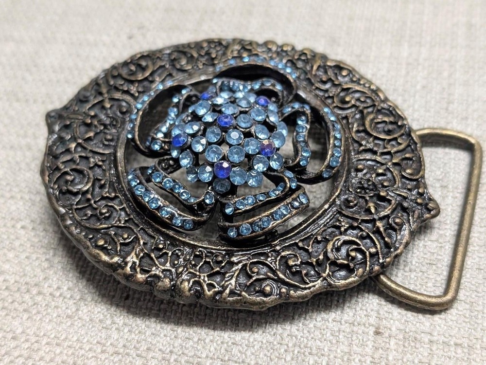 vintage SOLID BRASS belt buckle WESTERN rhinestone studded BRUTALIST hippie boho