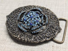 vintage SOLID BRASS belt buckle WESTERN rhinestone studded BRUTALIST hippie boho