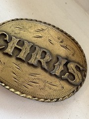 Spec-Cast Vintage CHRIS Oval Western Engraved Cowboy Belt Buckle Gold 1981