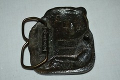 SOLID Brass 1978 Bergamot Bear in stream with fish BELT BUCKLE USA EUC