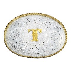 Montana Silversmiths Initial T Silver Engraved Gold Trim Western Belt Buckle