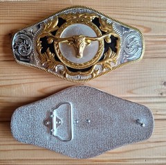 BIG Long horns bull western country silver & gold & black belt buckle