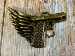 Winged Gun Flying Pistol Handgun Figural Cutout Brass Tone 4&Prime; Wide Belt Buckle