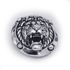 Lion Attacking Head Sterling Silver Round Belt Buckle