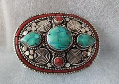 Tibetan Silver Belt Buckle Leather waist trap Turquoise Coral Clasp, B37