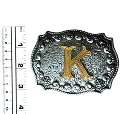Vintage WMG Western Belt Buckle Initial K Cowboy Rodeo Floral Scroll Rope Edge