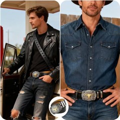 POSKLA Western Belt Cowboy Belts for Men Women, Large, Long Horn Bull