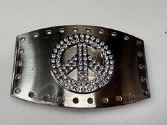 Jeweled Peace Sign Studded Rhinestone Silver Tone Belt Buckle W/ Hole Border
