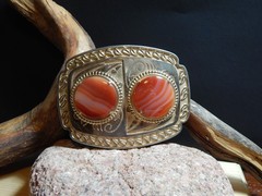 Man&rsquo;s or Lady&rsquo;s Gold Tone Belt Buckle 2 Carnelian Agates, Fits 2&Prime; Belt