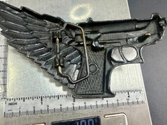 Winged Gun Flying Pistol Handgun Figural Cutout Brass Tone Large Belt Buckle