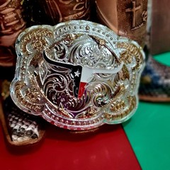 Longhorn Western belt Buckle Texas Style Rose Tone Silver 4.5 x 3.5  » Cowboy