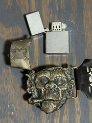 NOS Y2K Lucky 13 Apparel Metal Belt Buckle Smoking Chimp Zippo Lighter Tattoo