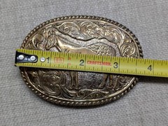 vintage CRUMRINE belt buckle BRONZE engraved HORSE floral WESTERN cowboy