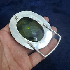 Gemstone Belt Buckle Handmade Green Faceted Glass Vintage Silver Tone Buckle