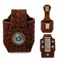 Vintage Hand Tooled Leather Belt Pouch Basket Weave Western Turquoise Concho