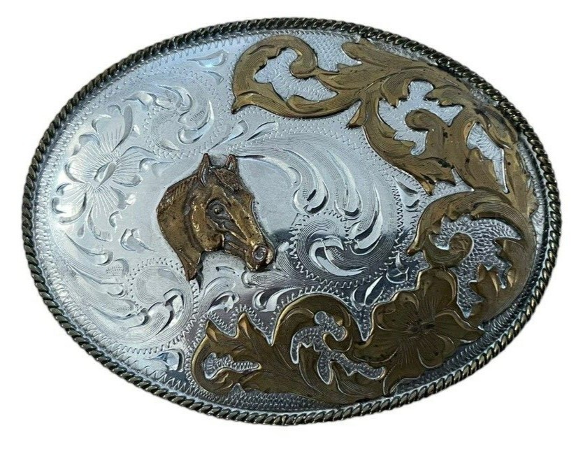 Horse Cowboy large belt buckle Alpaca Mexico 4.5&Prime; x 3.25&Prime; Rodeo Country