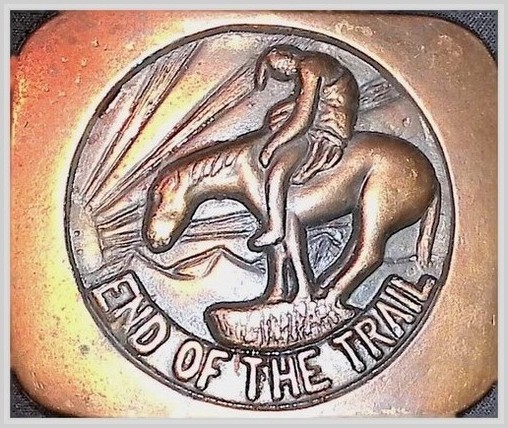 End of the Trail Brass Belt Buckle 3 Native American 1970s Stamped Fraser