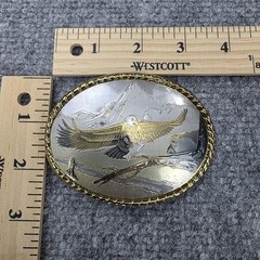 Bald Eagle Mountain Scene Belt Buckle Made in USA Western Gold Trim Wildlife VTG