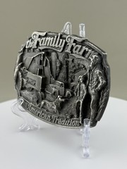 Family Farm Belt Buckle American Tradition Tractor Barn Vintage Pewter C+J 1986