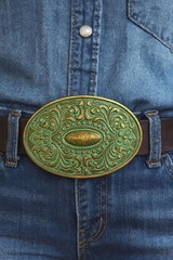 Antique Turquoise Brass Belt Buckle Oval Engraved Western Cowgirl Style