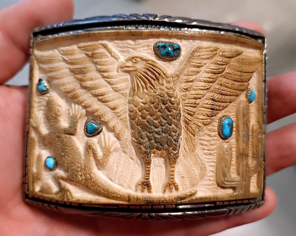 Native Style Eagle Carved Hand Made Design Sterling Silver Turquoise Buckle Belt
