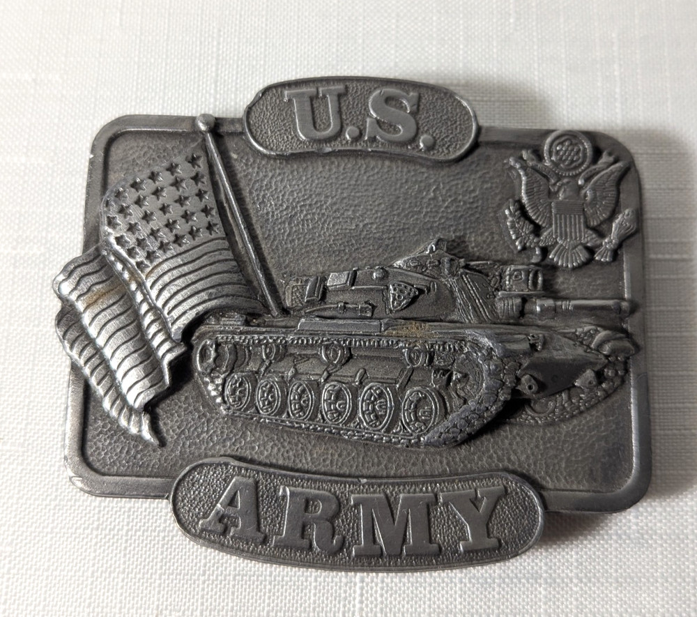 Vintage Bergamot 1982 U.S. Army Tank & USA Flag Brass Belt Buckle United States