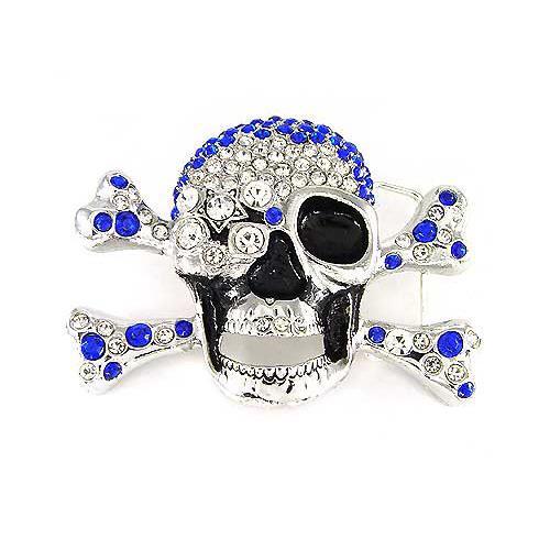 Skeleton Skull Cross Bones Blue & Clear Crystal Rhinestones Fashion Belt Buckle