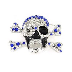 Skeleton Skull Cross Bones Blue & Clear Crystal Rhinestones Fashion Belt Buckle