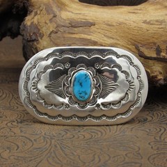 Zuni Turquoise Sterling Silver Stamp Work Buckle By Leonard & Geraldine Paquin