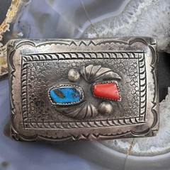 Vintage Richard Henry Yazzie Native American Silver Turquoise &Coral Belt Buckle
